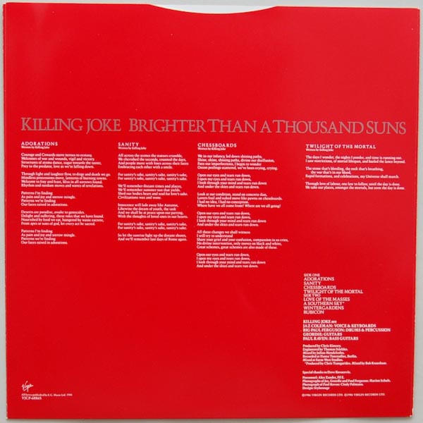 Inner sleeve side A, Killing Joke - Brighter Than A Thousand Suns