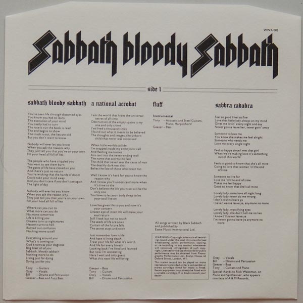 Inner sleeve side A, Black Sabbath - Sabbath Bloody Sabbath