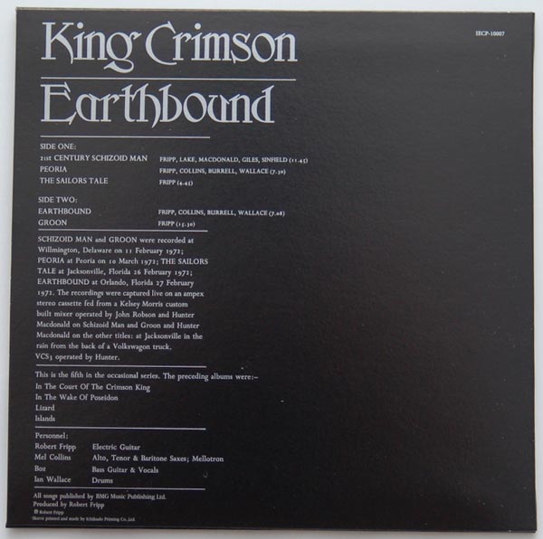 Back cover, King Crimson - Earthbound