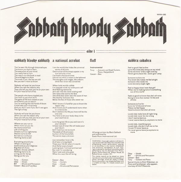 Inner Sleeve, Black Sabbath - Sabbath Bloody Sabbath