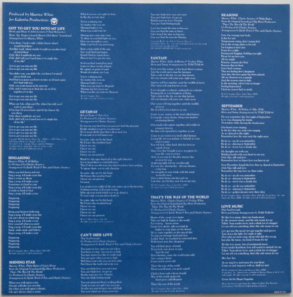Inner sleeve side A, Earth, Wind + Fire - The Best of Earth, Wind and Fire