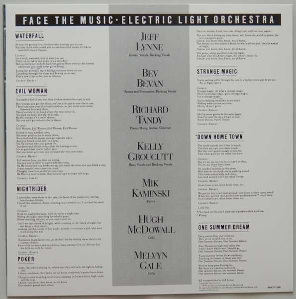 Inner sleeve side B, Electric Light Orchestra (ELO) - Face The Music +4