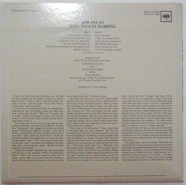 Back cover, Dylan, Bob - John Wesley Harding