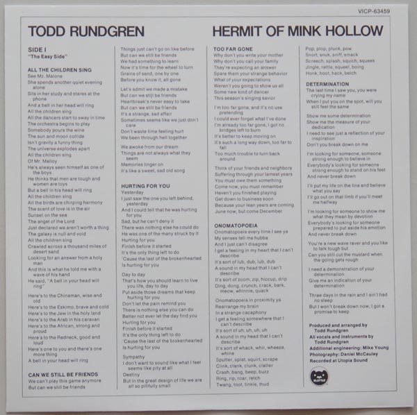 Inner sleeve side A, Rundgren, Todd - Hermit Of Mink Hollow