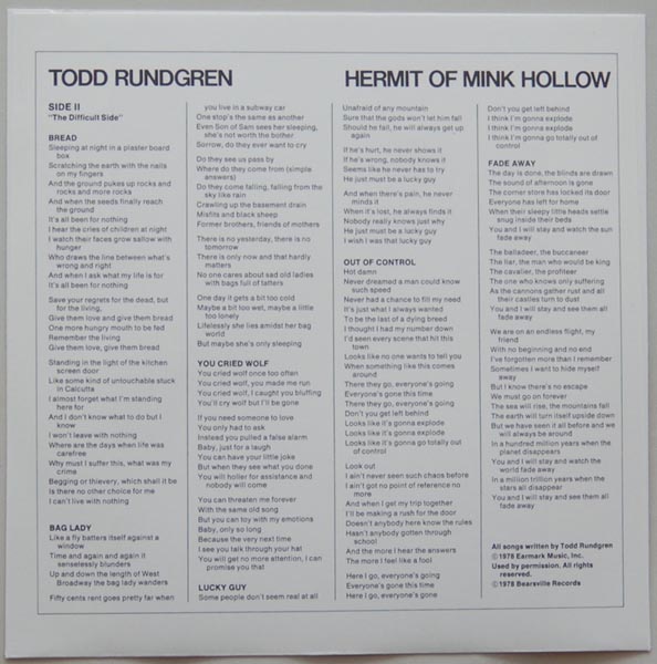 Inner sleeve side B, Rundgren, Todd - Hermit Of Mink Hollow