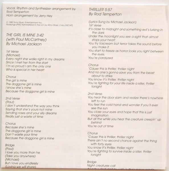 Lyrics sheet, Jackson, Michael - Thiller