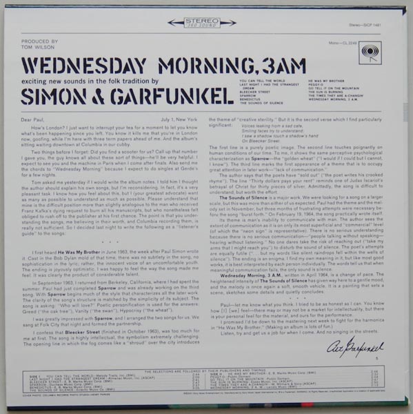 Back cover, Simon + Garfunkel - Wednesday Morning, 3 AM