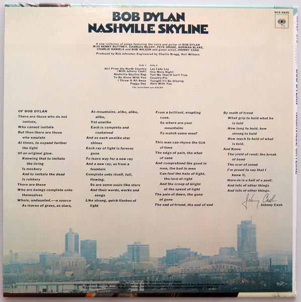 Back cover, Dylan, Bob - Nashville Skyline