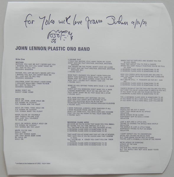 Inner sleeve side A, Lennon, John  - Plastic Ono Band
