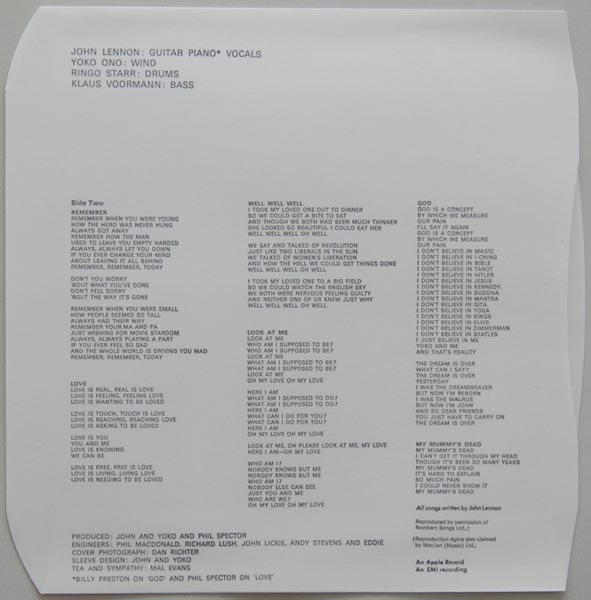 Inner sleeve side B, Lennon, John  - Plastic Ono Band