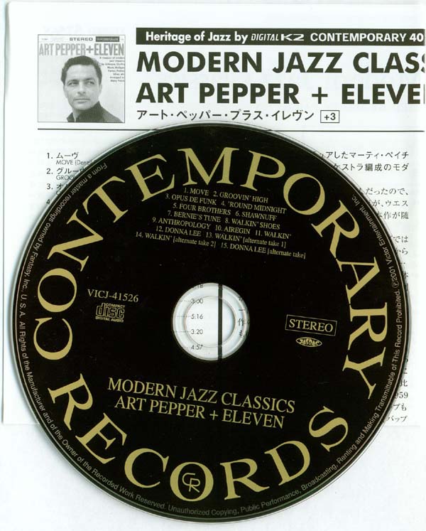 CD and insert, Pepper, Art + Eleven - Modern Jazz Classics +3