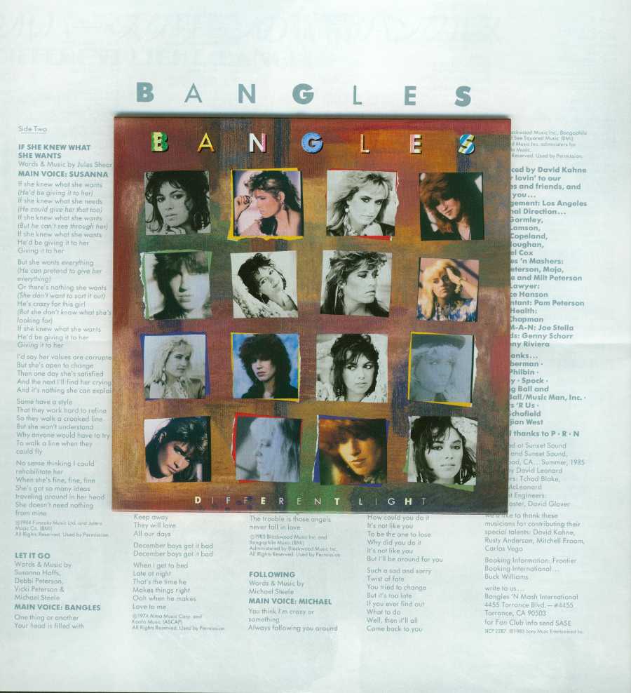 Cover on top of double foldout thick lyrics sheet, Bangles - Different Light (+1)