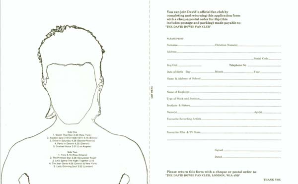 Fan club application card (open), Bowie, David - Aladdin Sane