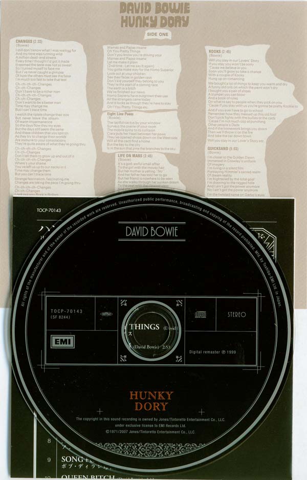 CD, insert and lyric sheet (side one), Bowie, David - Hunky Dory