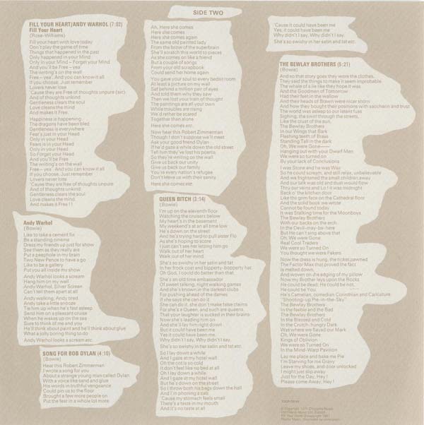 Lyric sheet (side two), Bowie, David - Hunky Dory