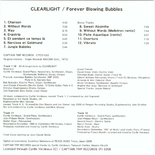English side of insert, Clearlight - Forever Blowing Bubbles (+5)