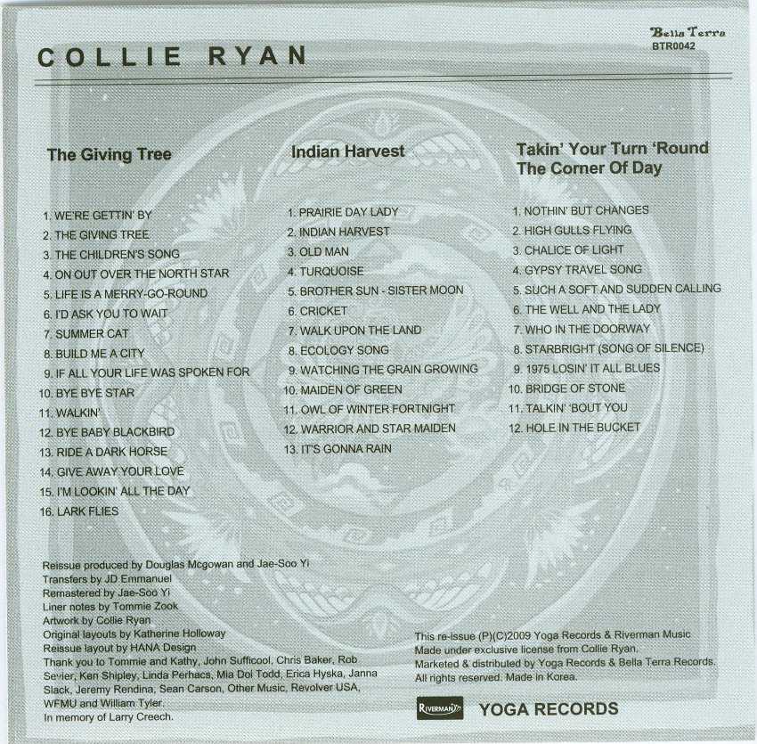 4 page inner track listing and liner notes, Ryan, Collie - The Rainbow Recordings (1973)
