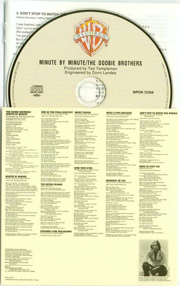 Inner sleeve with lyrics and CD, Doobie Brothers (The) - Minute By Minute