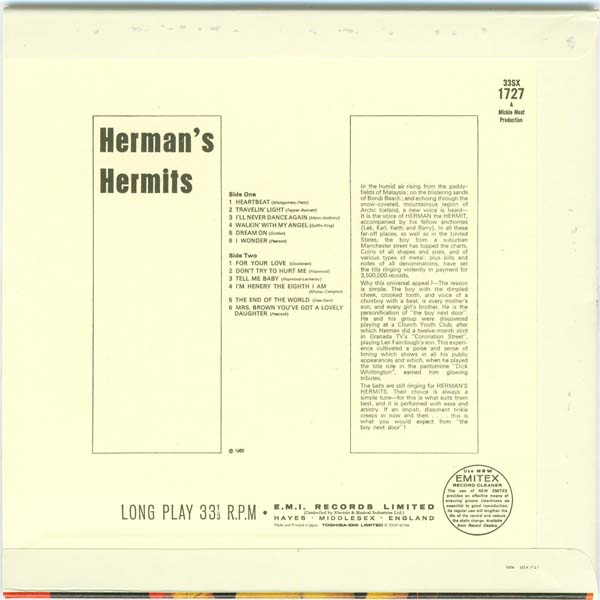 Back cover, Herman's Hermits - Herman's Hermits (+15)
