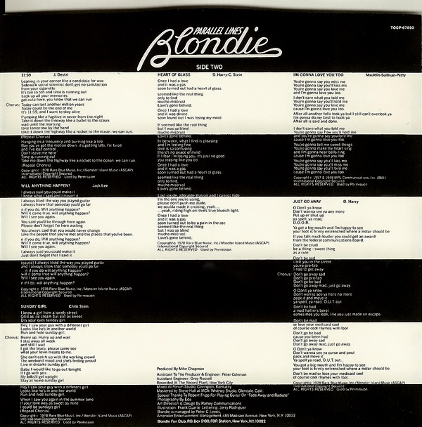 Lyric Sleeve for Disc, Blondie - Parallel Lines (+4)