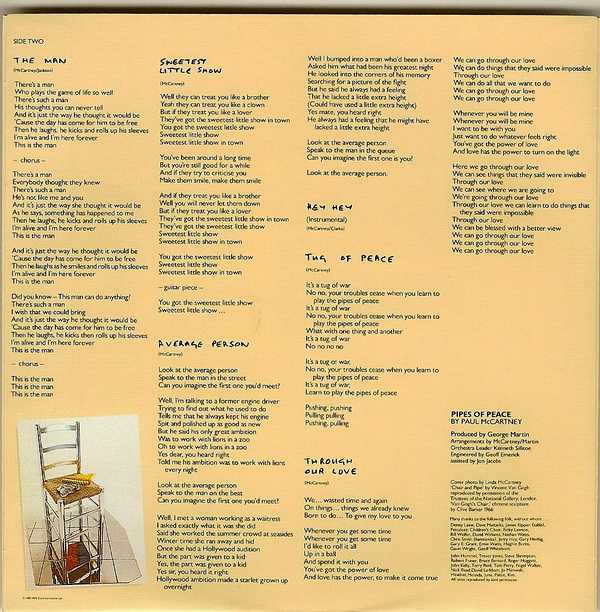 Inner Disc sleeve with lyrics - side1, McCartney, Paul - Pipes Of Peace