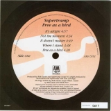 Supertramp - Free As A Bird , Record label Side 1 card
