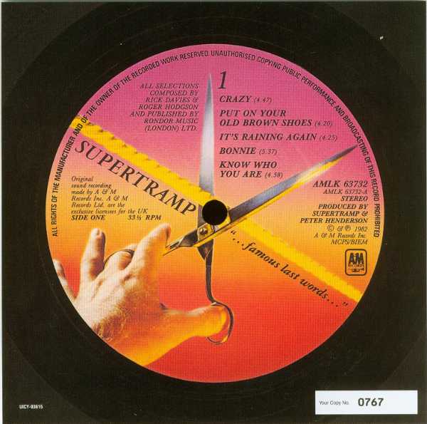 Side 1 label replica insert (numbered card), Supertramp - ...Famous Last Words...