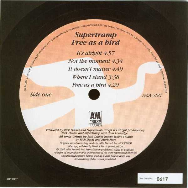 Record label Side 1 card, Supertramp - Free As A Bird 