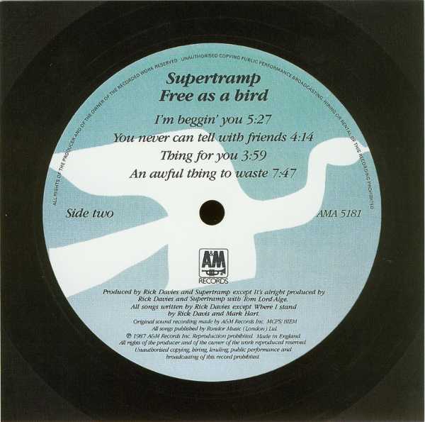 Record label Side 2 card, Supertramp - Free As A Bird 